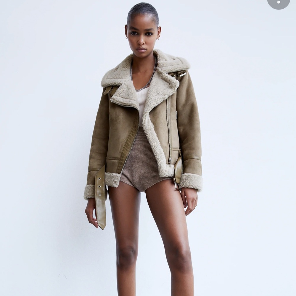 Zara Shearling Double Faced Aviator Suede Moto Buckle Jacket size Medium
